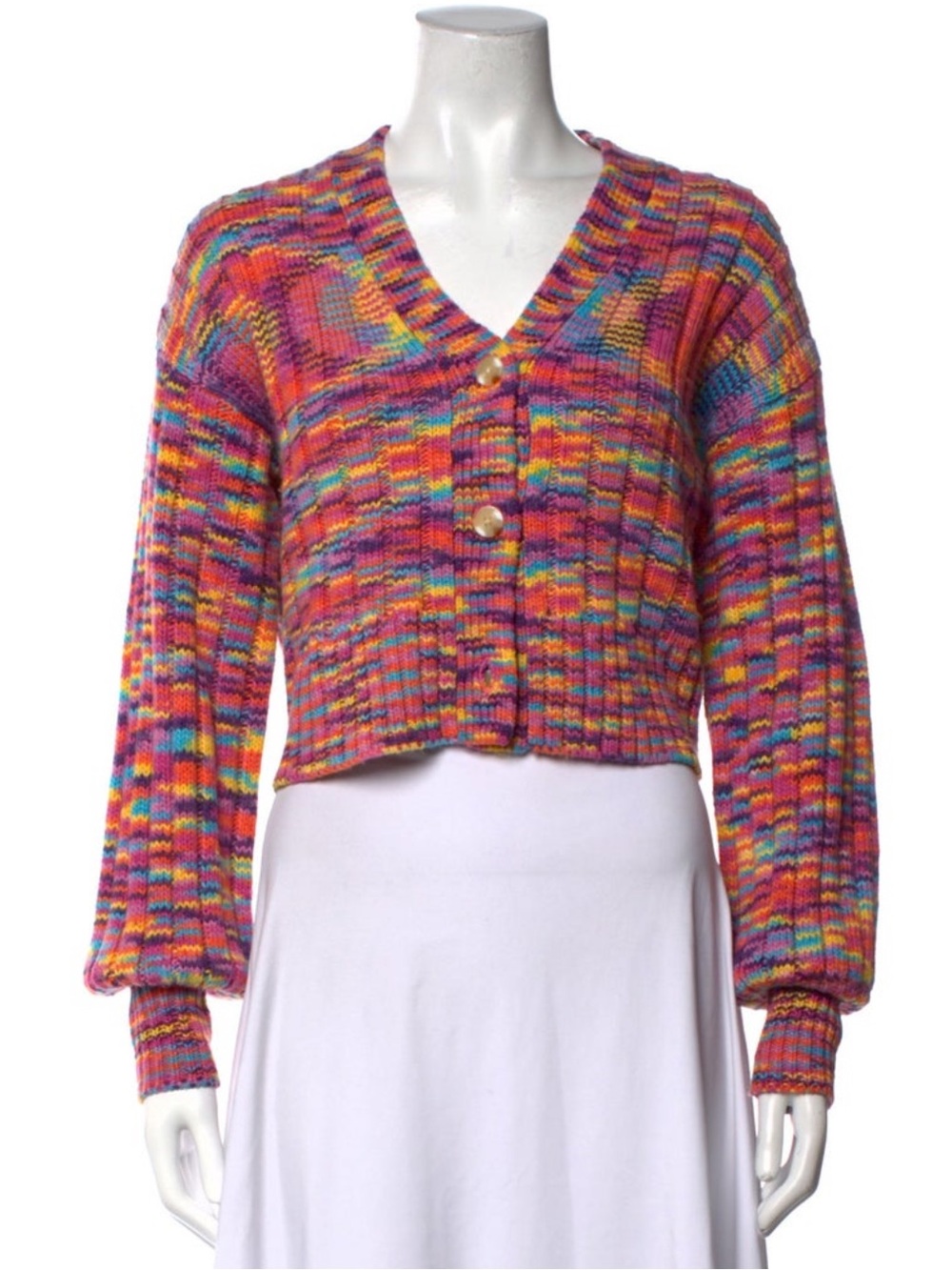 STAUD Multicolor Cropped V-Neck Knit Cardigan Sweater